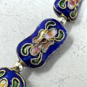 Vintage Cloisonné Beads Green With Pink Floral Design & Gold Accents Rectangle